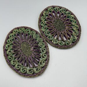 Vtg 2 Woven Wicker Rattan Raffia Trivet Hot Pad Oval Boho Purple Kitschy 8"